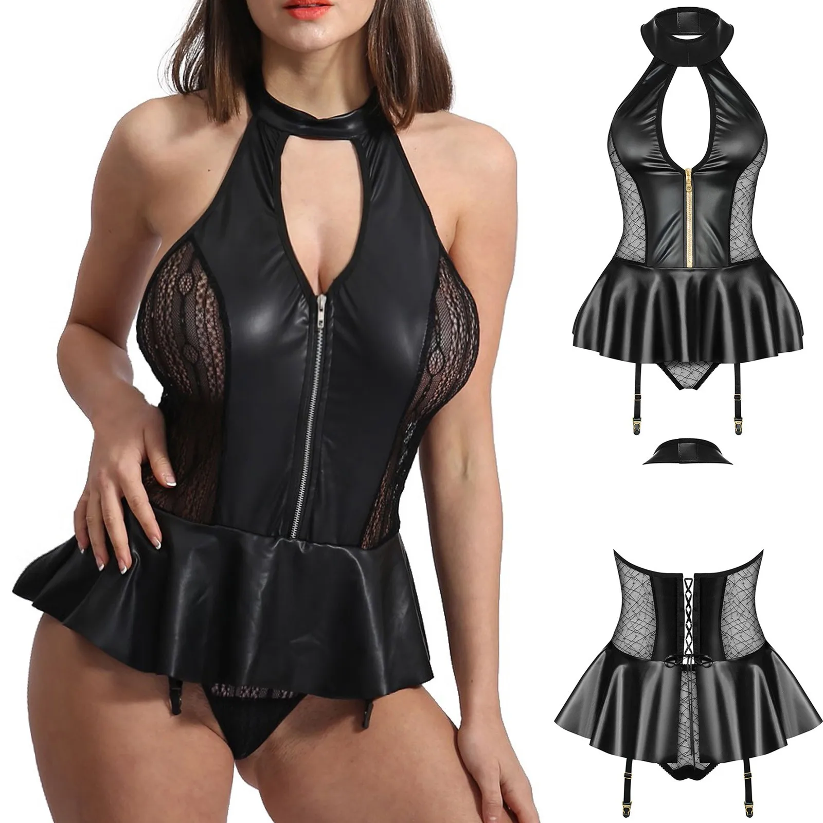 

2022 Sexy Lingerie One Piece Bodysuit Women Push Up Bra Set Lace Bow Backless Cross Straps Nightgown Transparent Underwear Sets