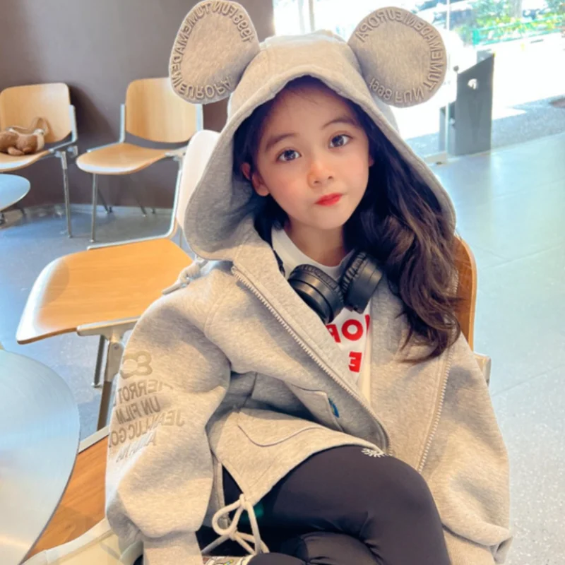 

Girls' Cotton Jacket for Autumn and Spring, with Embroidered Ears and Printing, Free Shipping Suitable for Children Aged 2 To 8