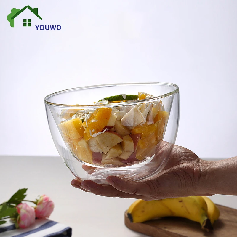 300500mlClearDoubleLayerGlassBowlHeatresistantFruitSaladBowl