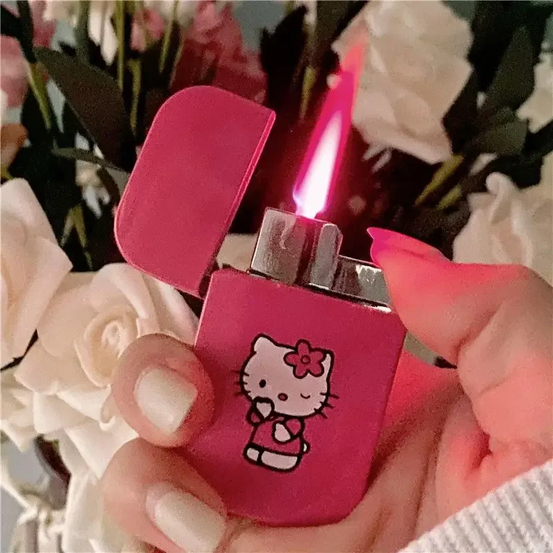 Wholesale HelloKitty cartoon lighter windproof high-end home cute KT cat KTV bar ultra-thin cigarette lighter pink flame gift diy rhinestone lady lighter turbine direct injection transparent flame lady lighter cigarette accessories small gift