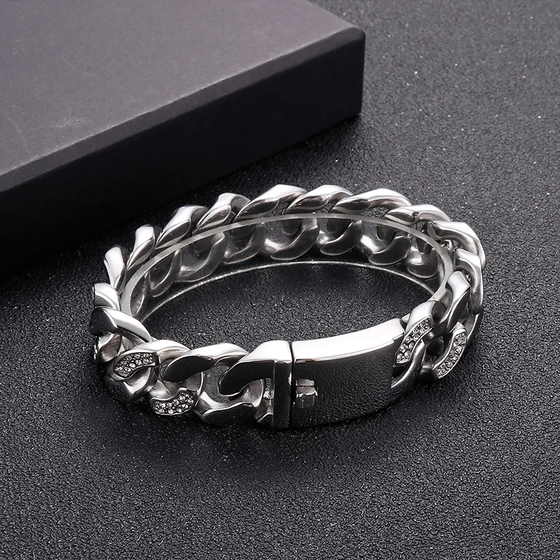 Fongten 22 cm Kubanischen Kette Armbänder Für Männer Zirkon Edelstahl Kette Handgelenk Armbänder Gothic Männlichen Armreif Silber Farbe schmuck – Detail 8