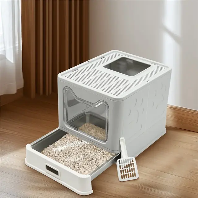 FYBL-Front Entry& Top Exit Stainless Steel Cat Litter Box With Lid Easy Cleaning Toilet Box And Litter Scoop For Kittens 5