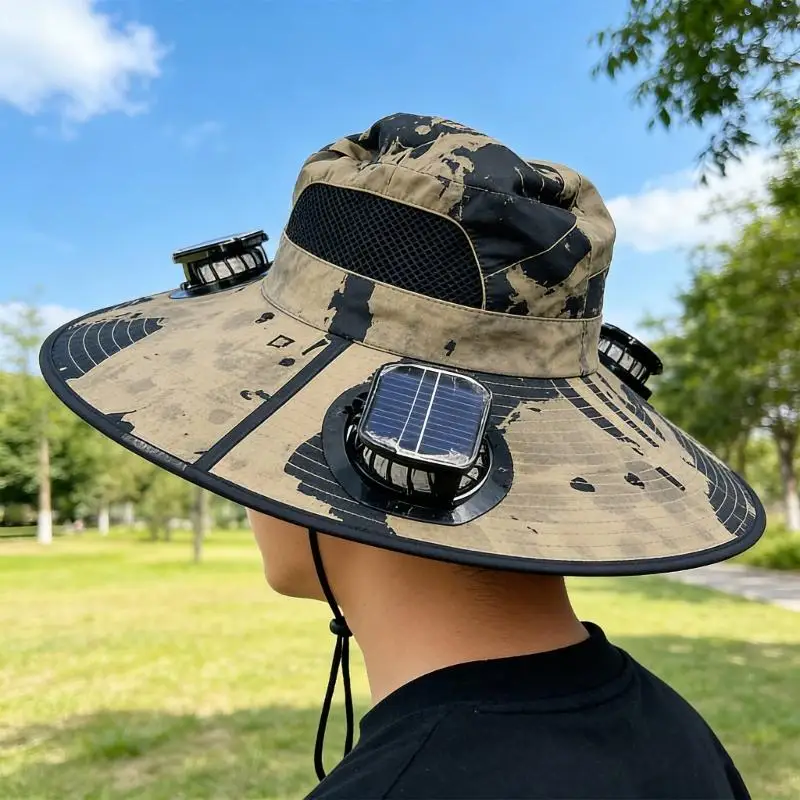 Solarbetriebener Kühlhut mit 3 eingebauten Ventilatoren, 50+ Sonnenschutz für Outdoor-Aktivitäten, Angeln, Wandern, Camping A2UB – Detail 7