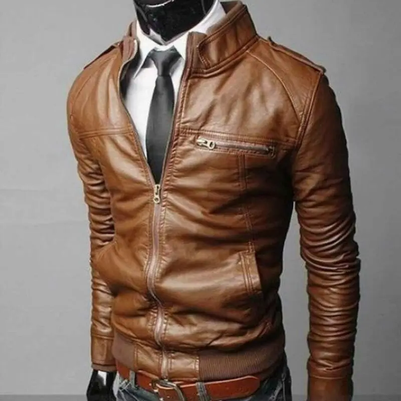 Mens Leather Bomber Jacket Autumn Winter Slim Fit
