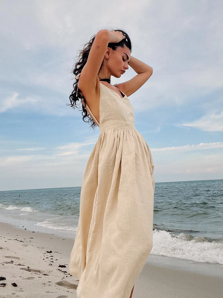 

Bornladies Spring Summer Beach Style Women Dress Vintage Loose A-line Sling Dress Sexy Hot Girl 100% Cotton V-neck Dress