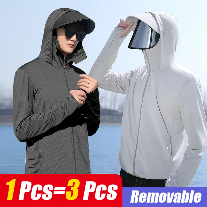 1pc Solid Color Men's Outdoor Fishing Shirt With Hood & Face Mask