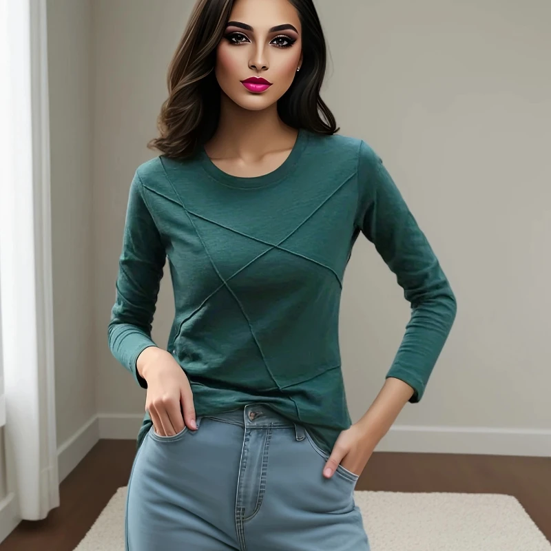 New Autumn Women's Clothing Crew Neck Long Sleeve T-Shirt Solid Color Fashion Checked Casual Bottom Shirt 17279