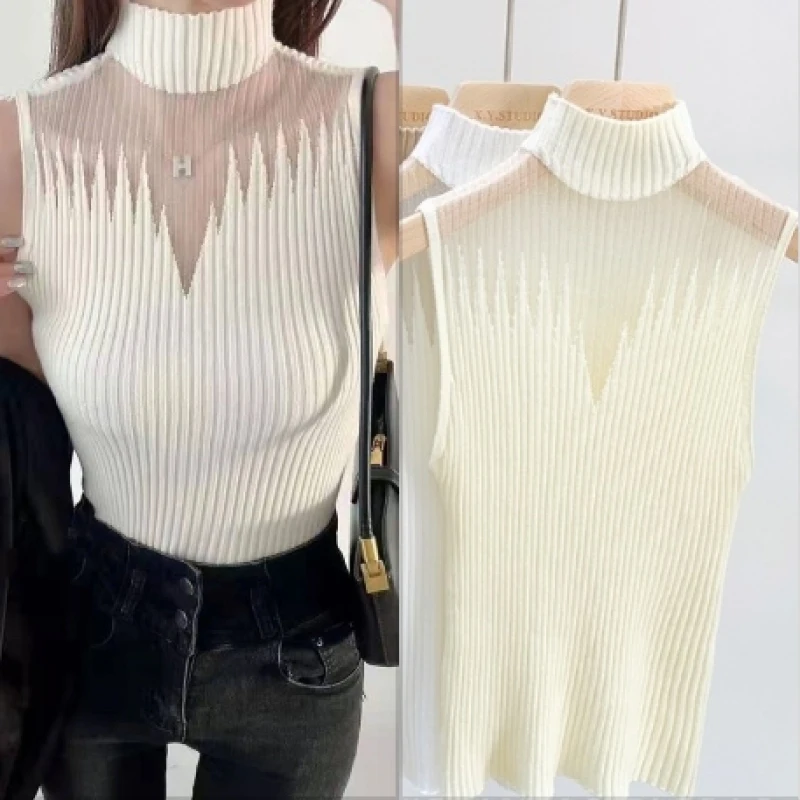 

Sexy Mesh Knitted Vest Women Hollow Out Half High Neck Sleeveless Tank Top