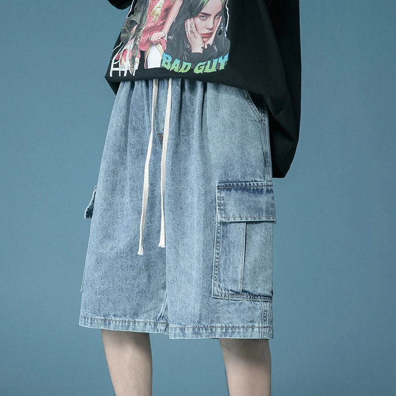 

5-points Washed Jeans Oversize Summer Fashion Multi-pocket Wide-leg Straight Overalls Men Loose Casual Sports Denim Shorts Trend