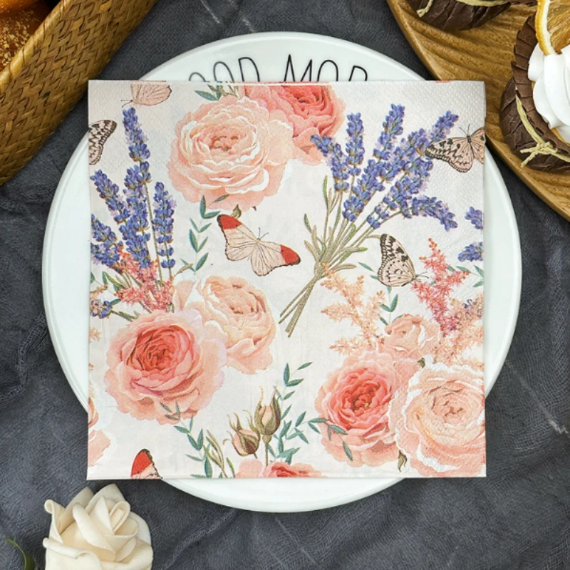Restaurant Upscale Colourful Printed Paper Napkin Napkin Household Dining Table Mouth Cloth 33cm Pink Floral Facial Tissue Paper paper napkins