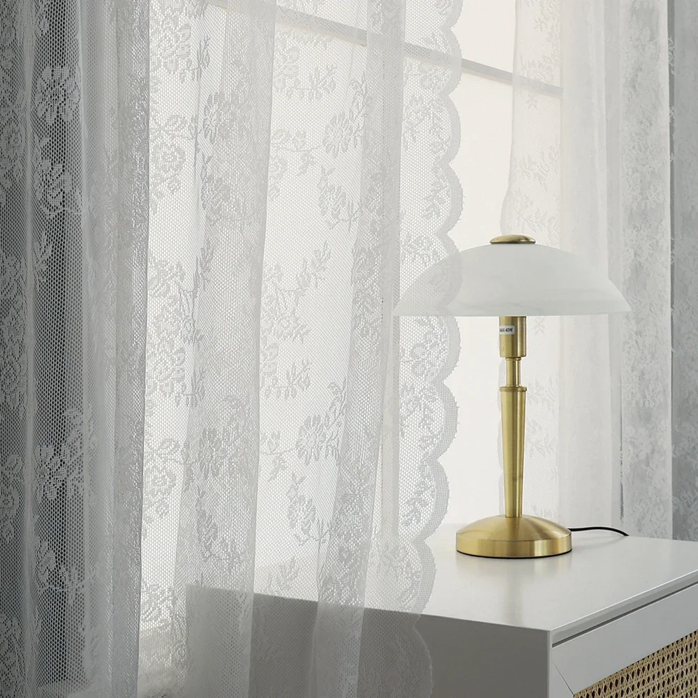 Lace Plant Beauty Flower Curtains 1 Piece Finished Rod Outdoor Pastoral Style White Yarn Curtains Bedroom Convex Window Decoration