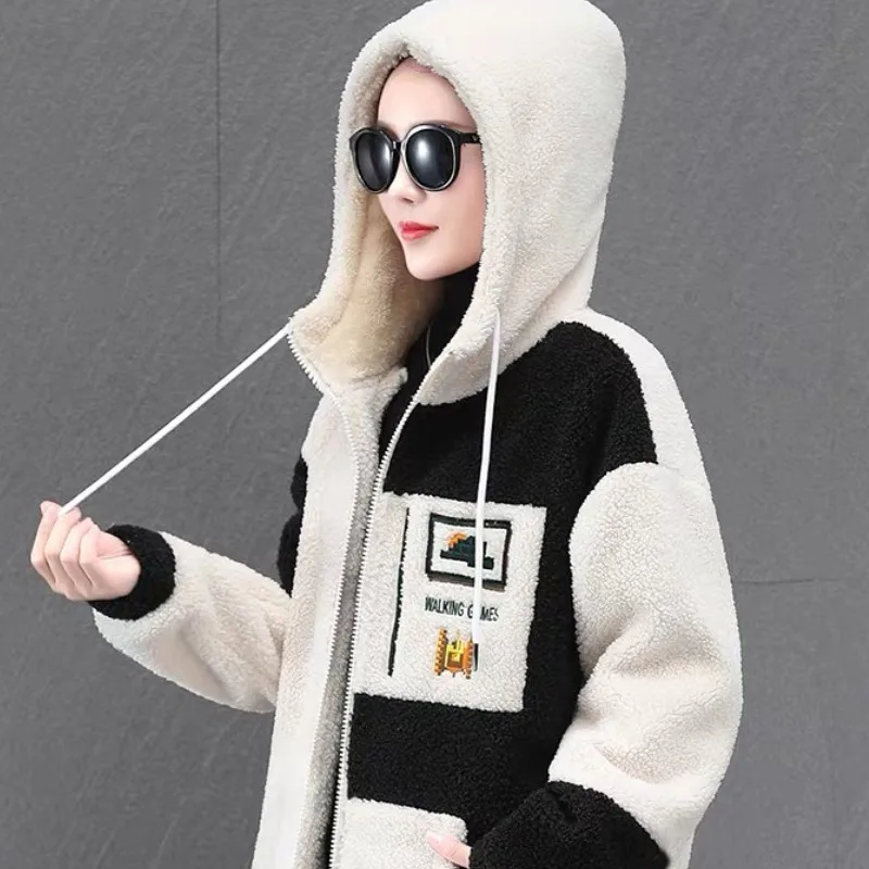 2023 Winter Lamb Fleece Coat Women New Loose Mid-long Coat Casual Plus Fleece Thickened Hooded Cardigan Hoodie Sweater Tide