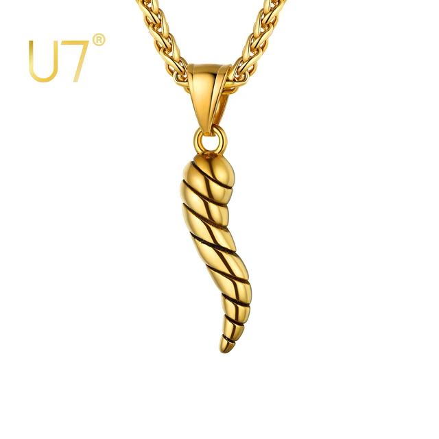 Amazon.com: 14K Yellow Gold Cornicello Italian Horn Necklace Good Luck Charm  Pendant with 1.2mm Singapore Chain Necklace - 16