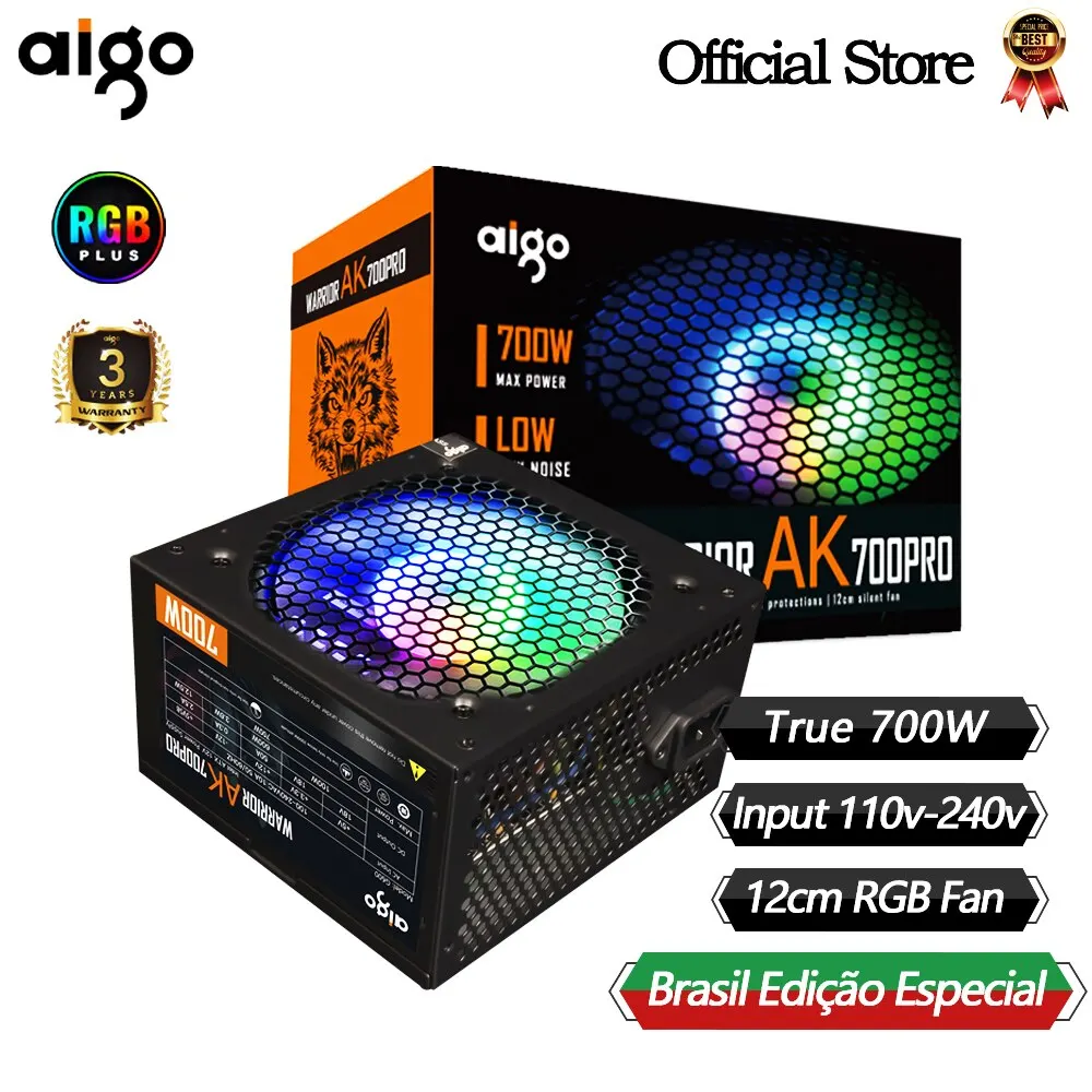 Aigo ak700pro 700w pc psu netzteil schwarz gaming leise 120mm rgb lüfter 110v 220v atx desktop computer netzteil für btc