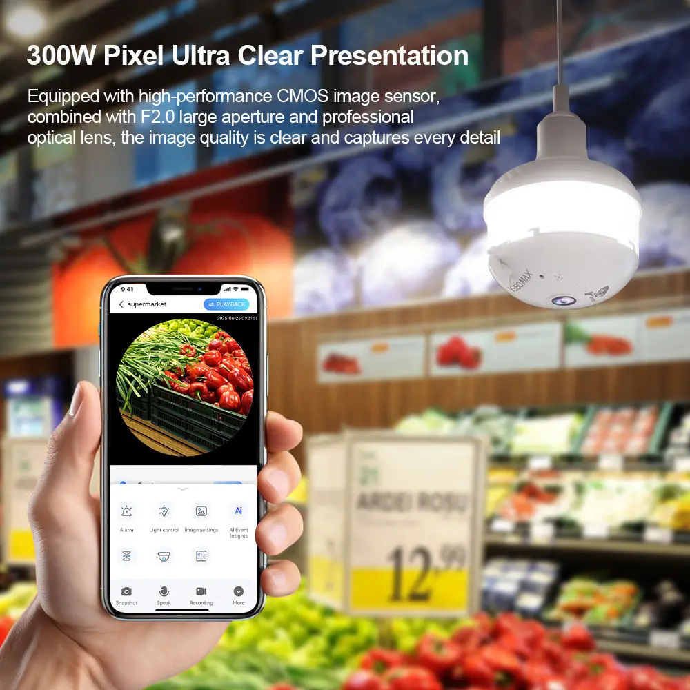 V380 PRO App 360 Panoramic View Bulb 3MP Camera Night Vision WiFi CCTV Fisheye Len Flood Light Camera 2