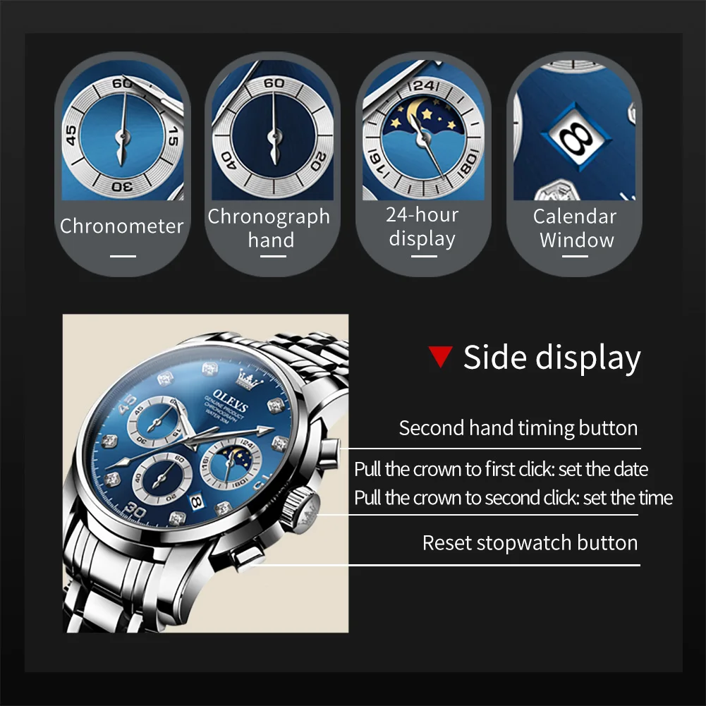 OLEVS 2889 Multi-function Waterproof Quartz Watch For Men Stainless Steel Strap Men Wristwatch Luminous Chronograph Watches Gift