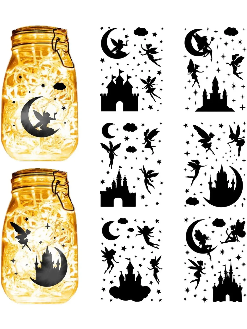 요정 천사 메이슨 항아리 데칼 달 캐슬 스티커, 다이 컷 실루엣 자체 접착 PVC 방수, 6 가지 스타일, 12 매