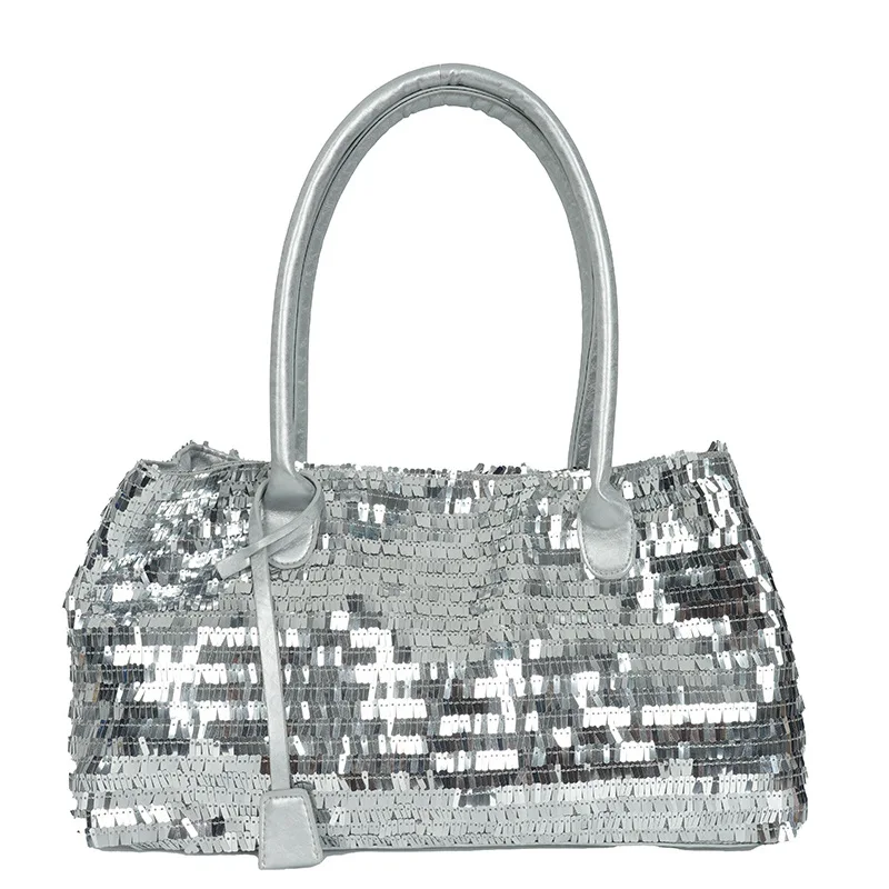 Women Glitter Handbag Designer Silver Metal Sequin Chain Woven Bag Evening Bags Clutch Travel Holiday Shoulder Bag Handbag