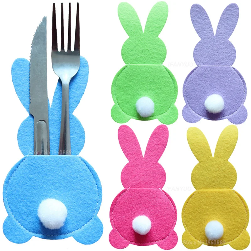 4PcsRabbitCutleryHolderBagEasterBunnyCutleryCoverKnifeForkBagsHappyEasterParty
