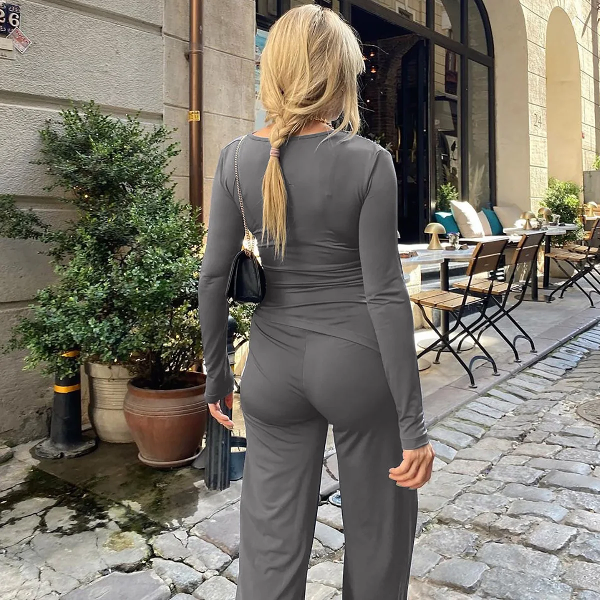 Fashion Autumn 2 Piece-Set Female Flared Pants Streetwear Slim Pleated Long Sleeve Casual Outfits Women's Pants Sets