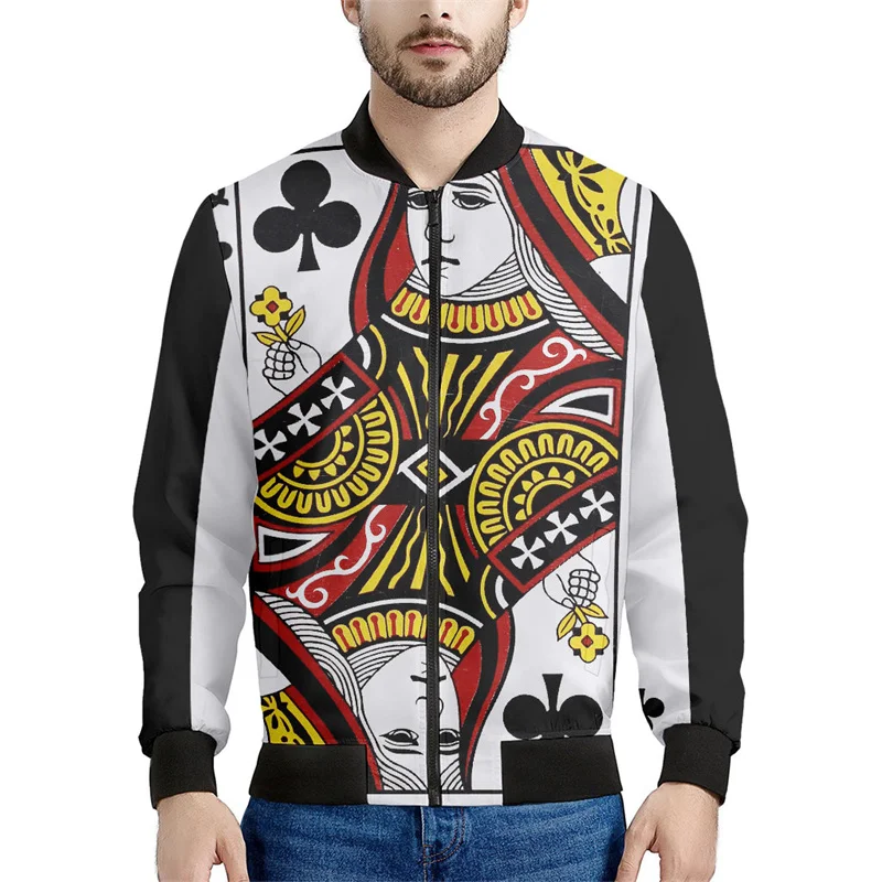 thumbnail image 1 of Chaqueta con estampado de naipes para hombre, chaqueta con cremallera y estampado 3D de póquer, informal, holgada, con cremallera, estilo bomber, 1 of 5