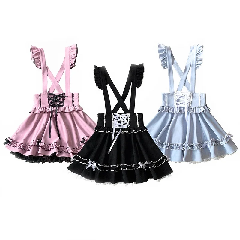 

Kawaii Skirts for Sweet Girls Ribbon Bandage Lace Trim Bows Decoration Lolita Style Strap Mini Skirt Women Clothes