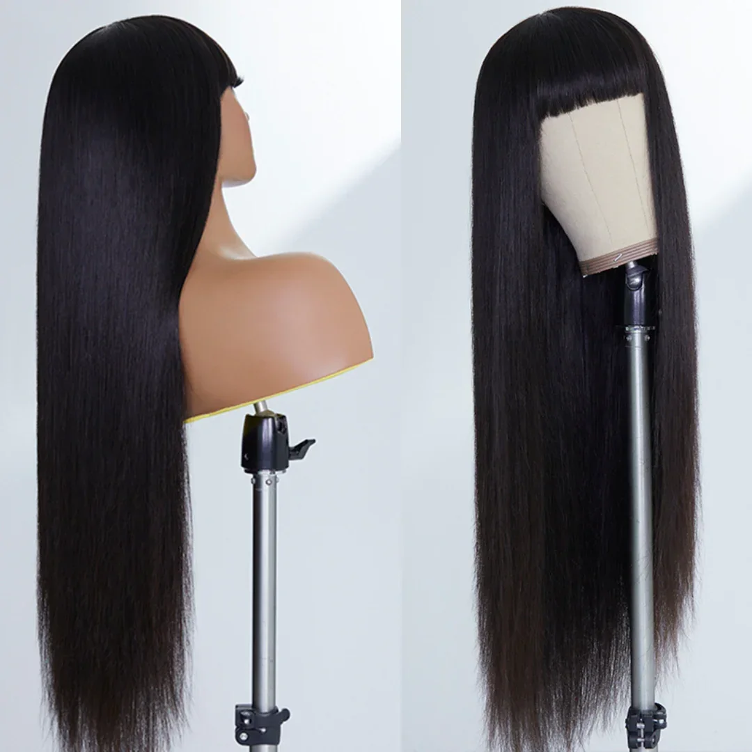 30 Inch Straight Full Machine Made Wig with Bang 180% Natural Human Hair Wig For Women Pre-Plucked Remy Hair human hair wigs