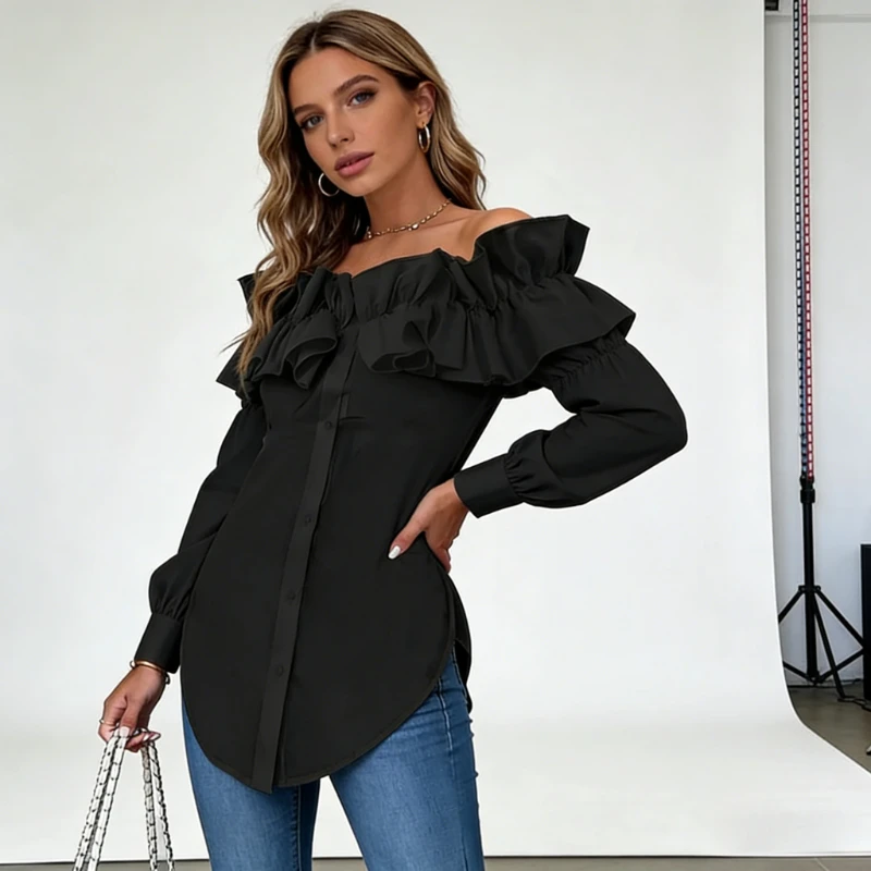Spring New Fashion Women's Ruffle Edge One-word Neck Off-the-shoulder Cardigan Shirt Elegant Solid Color Casual Slim-fit Blouse