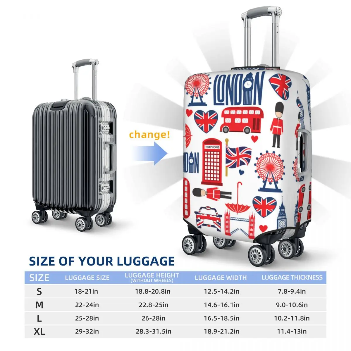 British Style Illustration Suitcase Cover Big Ben Love London Cruise Trip Vacation Useful Luggage Case Protector 6