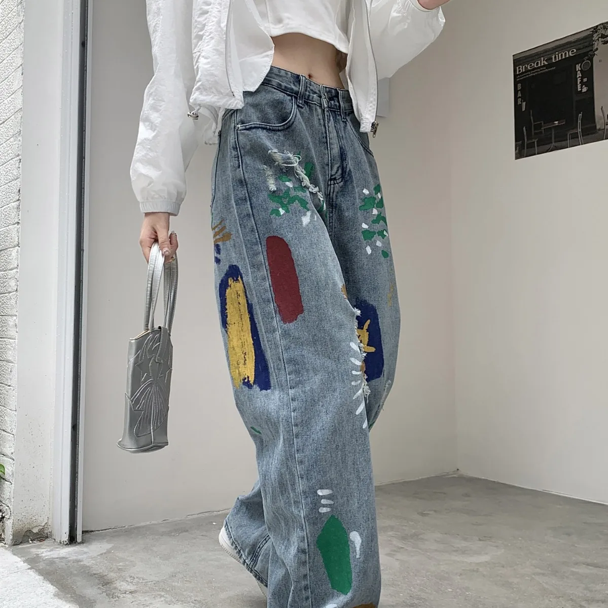Color Smudged Graffiti Spray Painted Ripped Jeans High Waist Slim Straight Leg Wide Leg Mop Pants  Ripped Jeans for Women