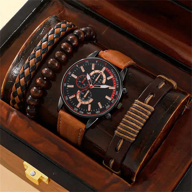 

4PCS Set Fashion Mens Business Watches For Men Brown Leather Hand Rope Luxury Man Sport Casual Quartz Wrist Watch Reloj Hombre