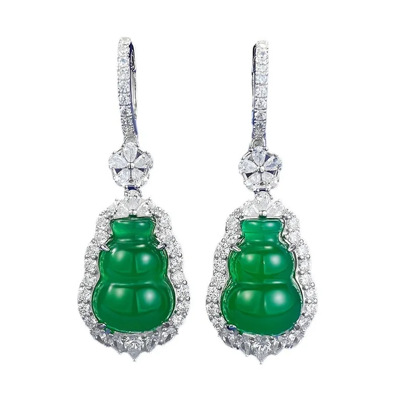 

S925 Silver High Carbon Diamond Natural Jade Chalcedony New Chinese Oriental Aesthetics Series Gourd Earrings