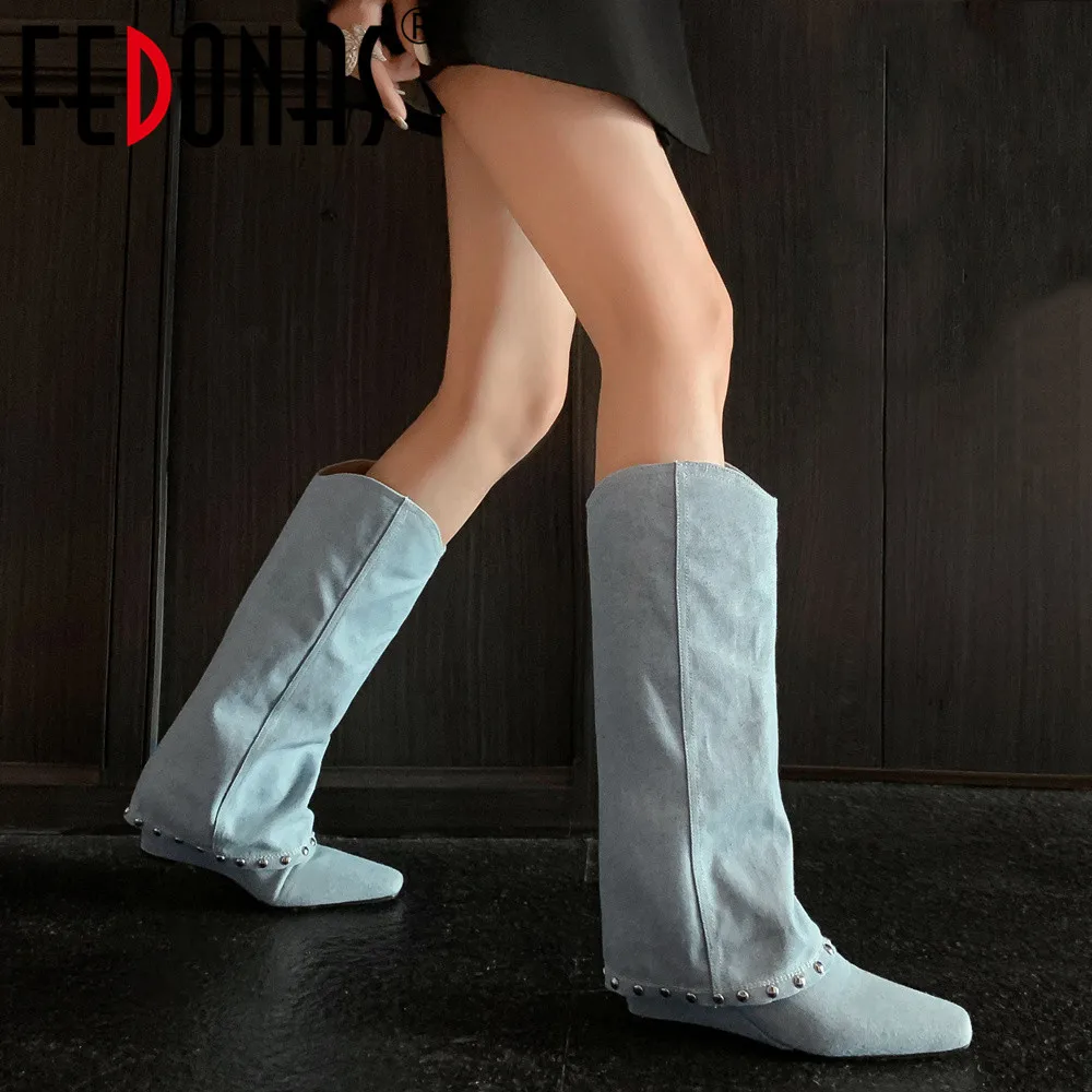 

FEDONAS Fashion Denim Women Knee-High Boots Wedges High Heels Square Toe Autumn Winter Rivets Office Lady Party Shoes Woman 2023