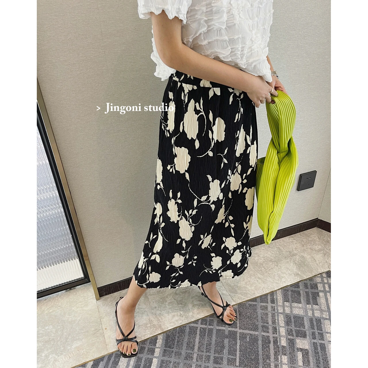 Floral Pleated Skirt Long Y2k Fashion Woman Summer 2023 Clothing Korean Party Vintage Beach Style Ruffle Cargo Black