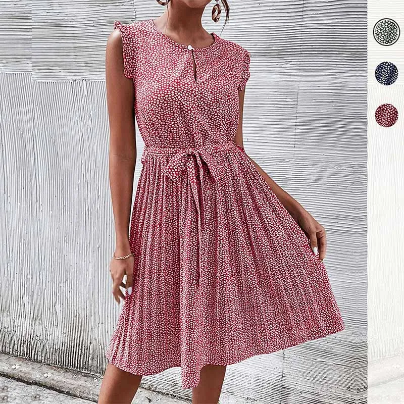 

Женский сарафан с цветочным принтом, плиссированное ТРАПЕЦИЕВИДНОЕ платье с поясом и круглым вырезом, милое платье миди без рукавов на лето