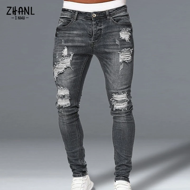 Ripped Skinny Jeans Mens Hip Hop Hole Pencil Pants Casual Trousers Streetwear High Quality Jeans Distressed Denim Men Clothing