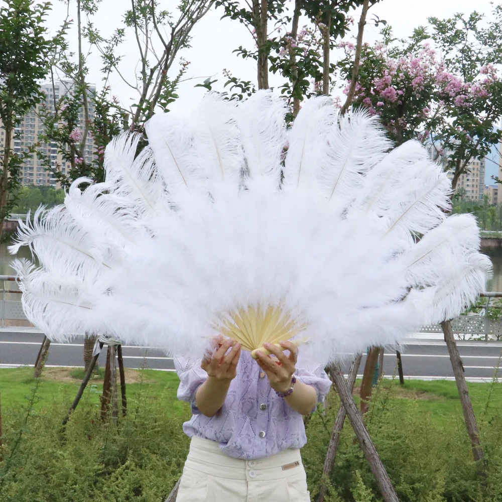 Fashion Ostrich Feather Fan Vintage Style White Hand Fan Handmade Wedding Stage Party Dance Accessories Ornament Home Decor Fans