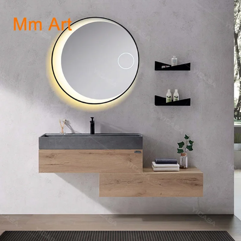 modern style bathroom vanity cabinets with wood veneer with grey cement Basin and bathroom basin cabinet vanity