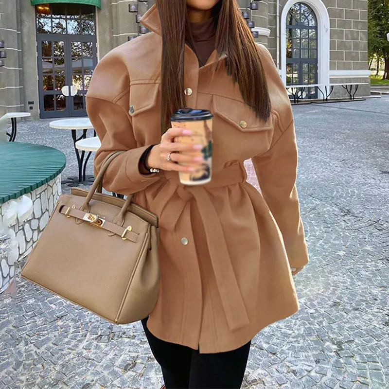 

2023 Women Fashion Long Sleeve Woolen Jacket Coat with Belt VintageLoose Lapel Side Pockets Female Chic Outerwear Overcoat Warm