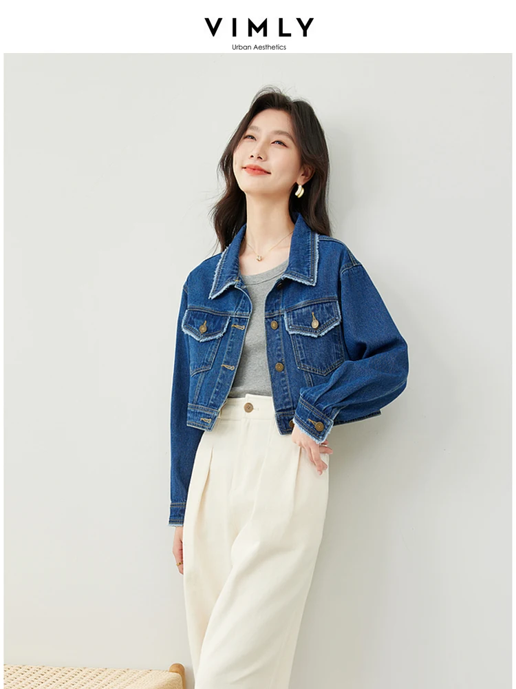 Vimly Cotton Cropped Retro Jean Jacket for Women 2024 Spring New Lapel Single Breasted Short Loose Denim Coat Outerwear 72951