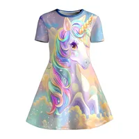 Robe T-shirt imprimée licorne arc-en-ciel pour fille, robe décontractée douce motif nuage bleu ciel pour fête d'enfants, idéale pour les cadeaux d'anniversaire 4