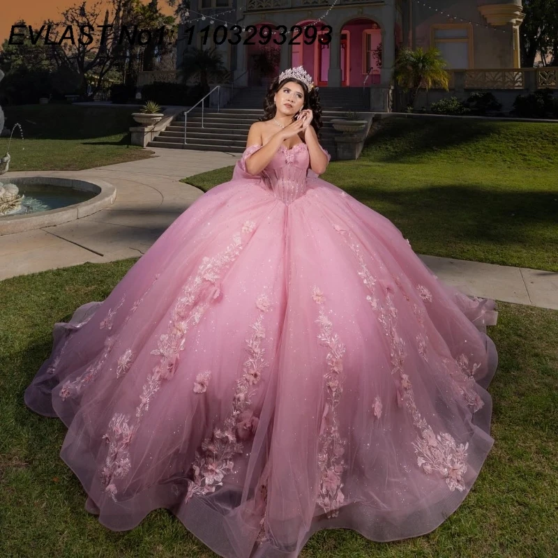Pink Flowers Ball Gown Quinceanera Dress Applique Beading Bow Corset Sweet 16 E1Q591