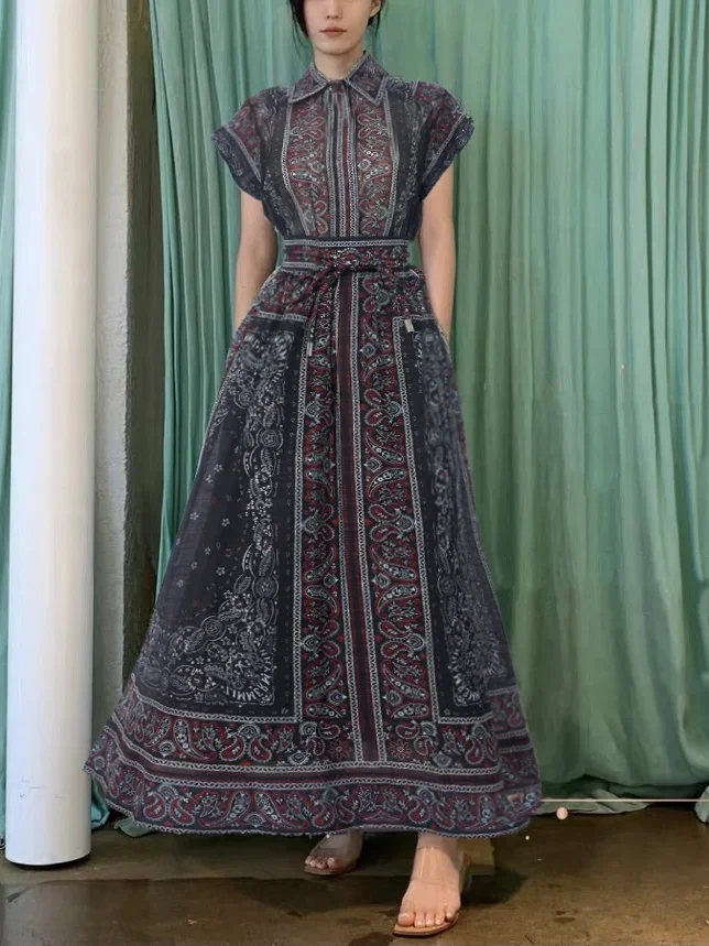 Paisley New Fashion Clothing Light Blue Floral Print Vintage Short Sleeve Blouse and Midi Skirt Women Sets for Holiday
