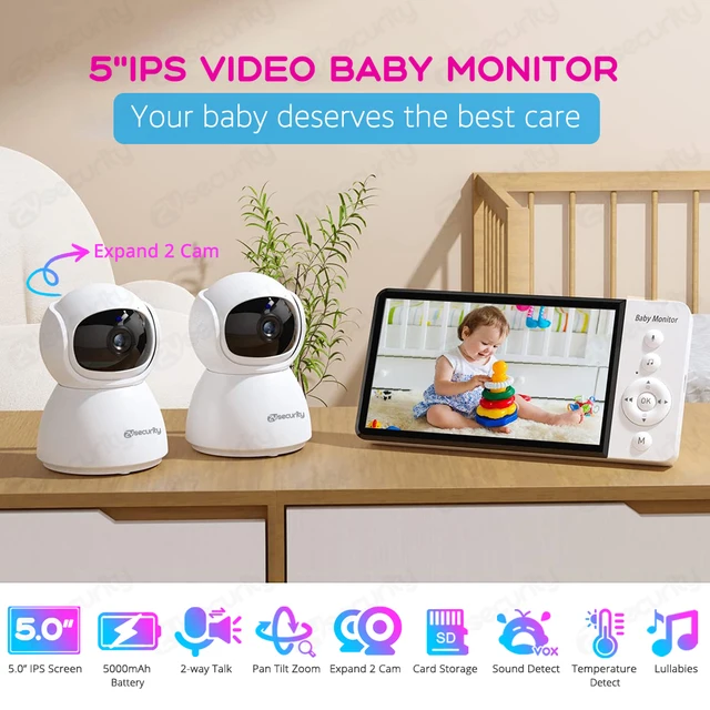 Monitor de bebé con cámara y audio, 5 720P HD Video Baby Monitor sin WiFi,  prueba de Hack, zoom remoto/Pan/Tilt, batería de 5000mAh