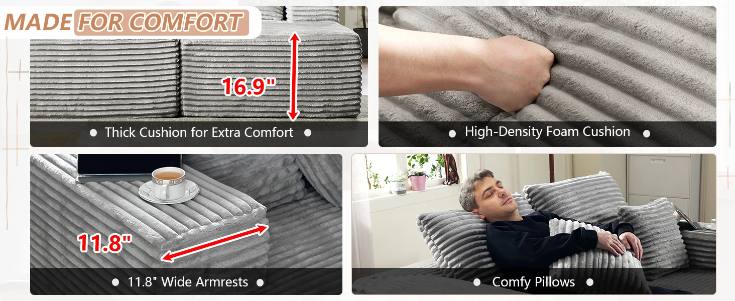 74.8" W Corduroy Double Oversized Chaise Lounge Chair