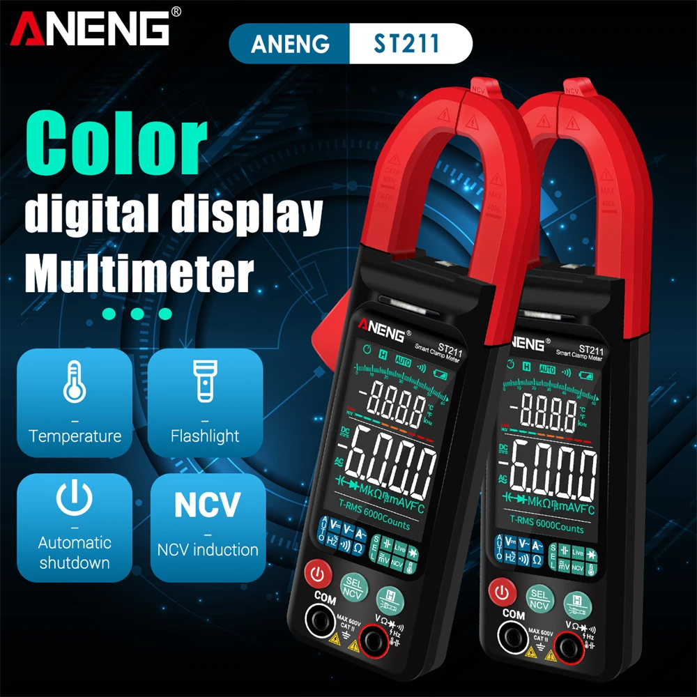 

ANENG ST211 Digital Clamp Meter Multimeter DC/AC Multi Tester Voltage Current Tester 6000 Counts Amp Hz Ohm Auto Range Tester