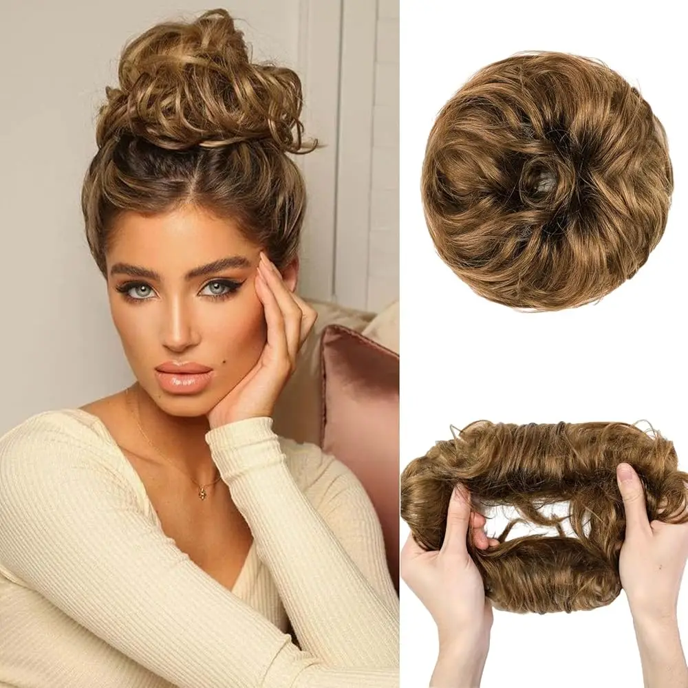 Human Hair Bun Pieces Light Brown Human Hair Messy Hair Bun Curly Chignon Extensions With Rubber Band 100% Human Messy Bun Piece for Women