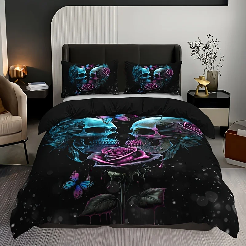 3pcs Duvet Cover Set (1*Duvet Cover + 2*Pillowcase, Without Core), Fashion Gothic Rose Skull Print Bedding Set