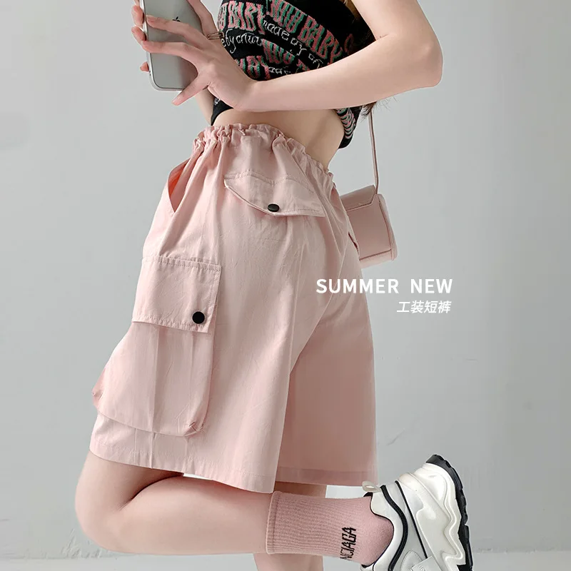 

Female Summer Loose Straight Tooling Casual Hot Girl Wide Leg Sports Biker Shorts Women Pure Cotton Washed Ultra-slim