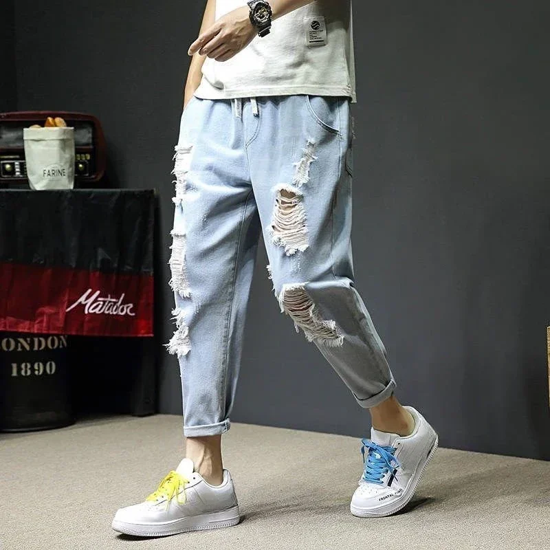 Loose Male Cowboy Pants Cropped Trousers Ripped Broken with Holes Men's Jeans Baggy Torn Japanese Street Style Korean Trend